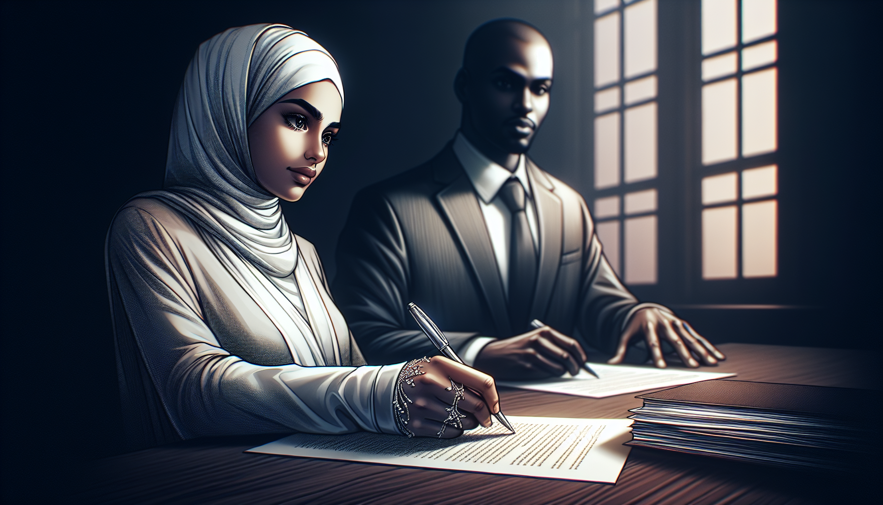 Illustration of a woman signing legal documents with a lawyer