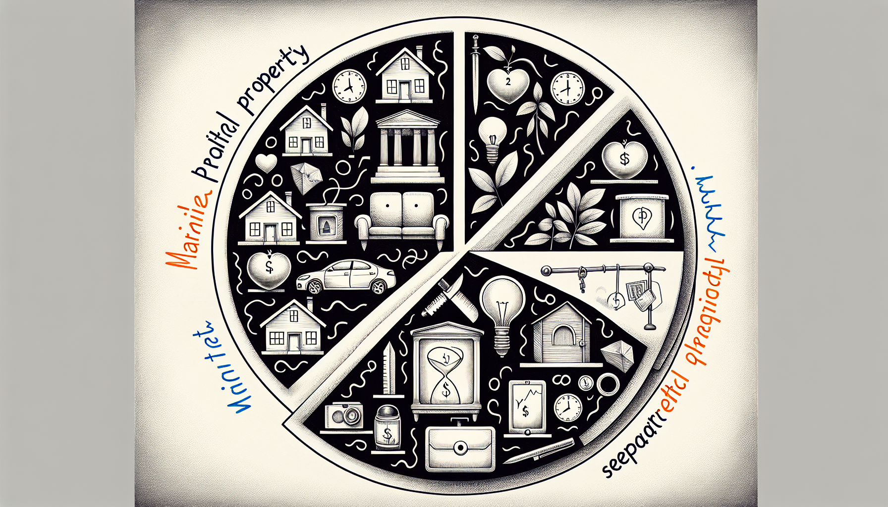 Illustration of assets being divided with 'marital property' and 'separate property' labels