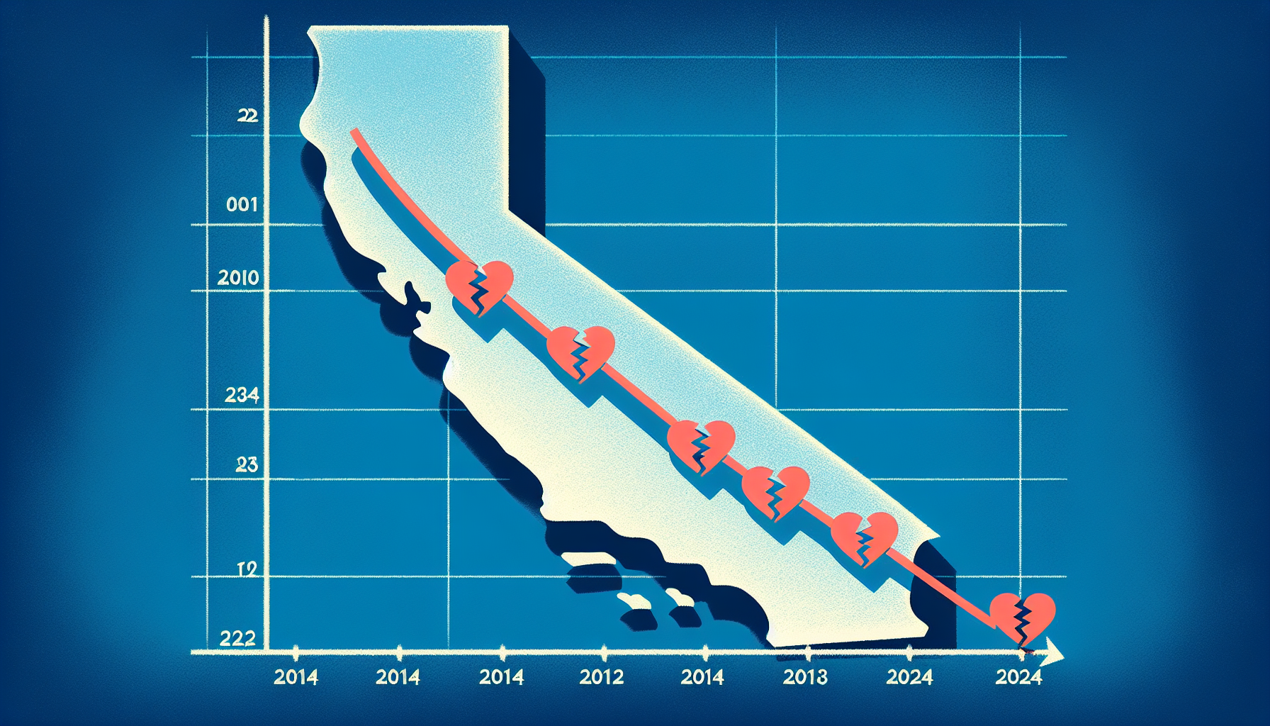 Illustration of a declining line graph showing the California divorce rate from 2014 to 2024