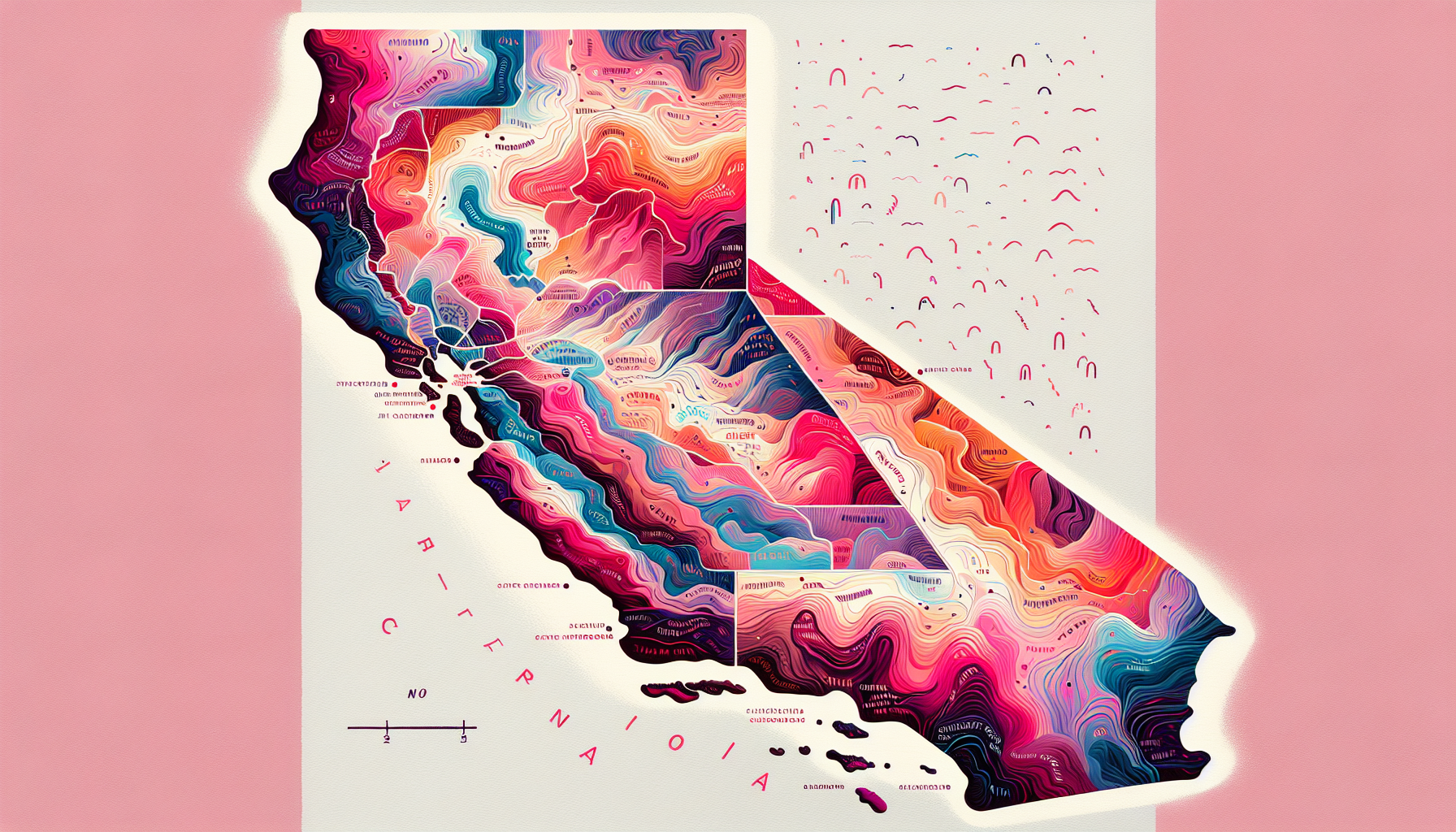 Illustration of a map of California with color gradients representing regional divorce rates