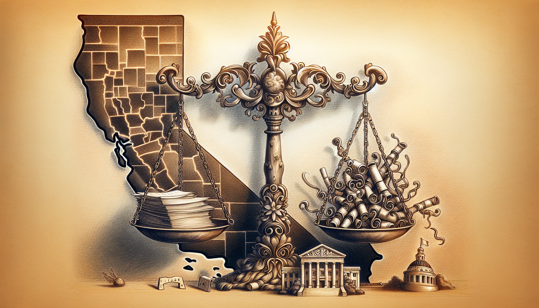 Illustration of legal scales representing the legal aspects of divorce in California