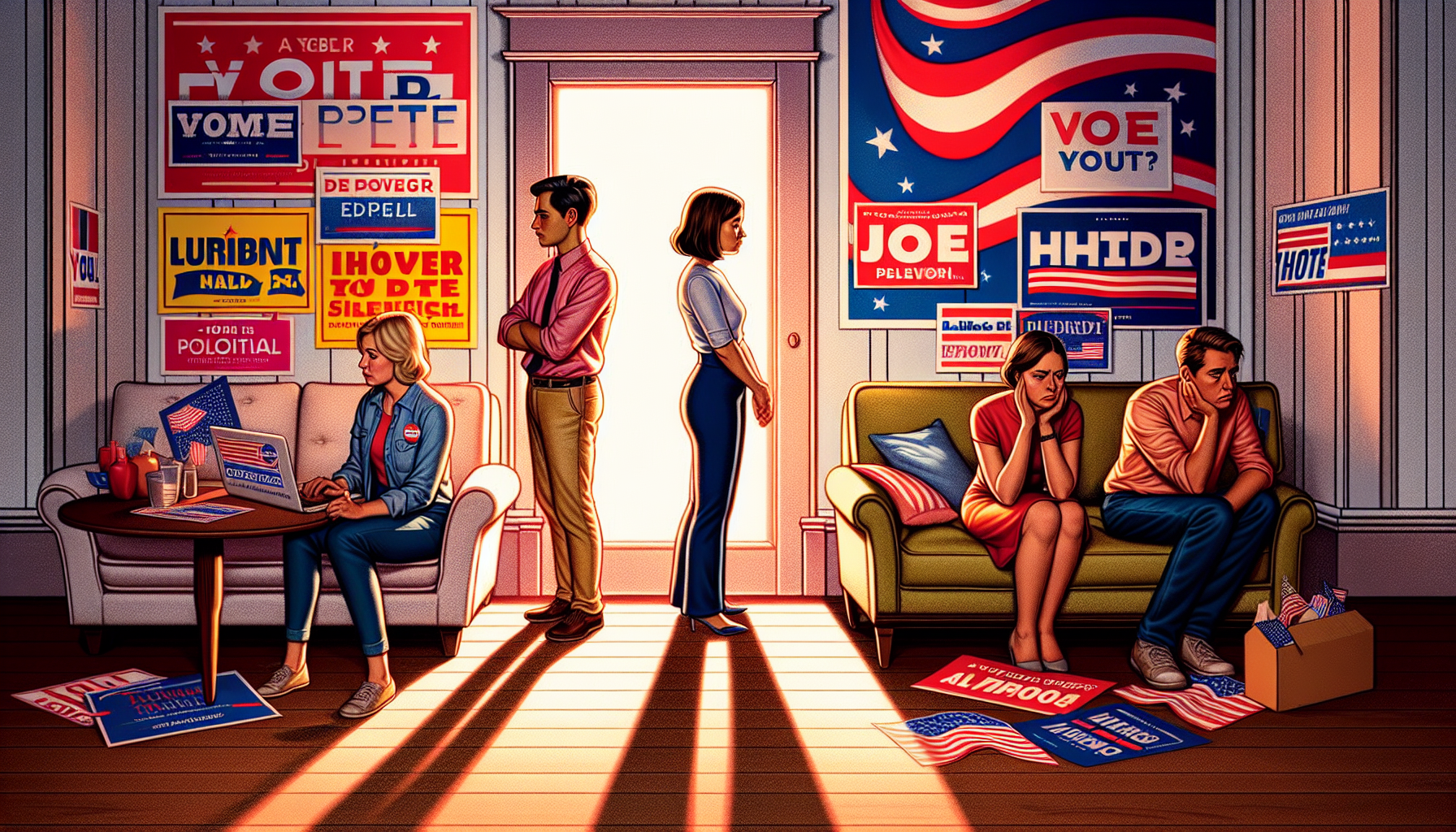 A cartoon representation of the Trump effect on relationships, showing couples divided by political beliefs.