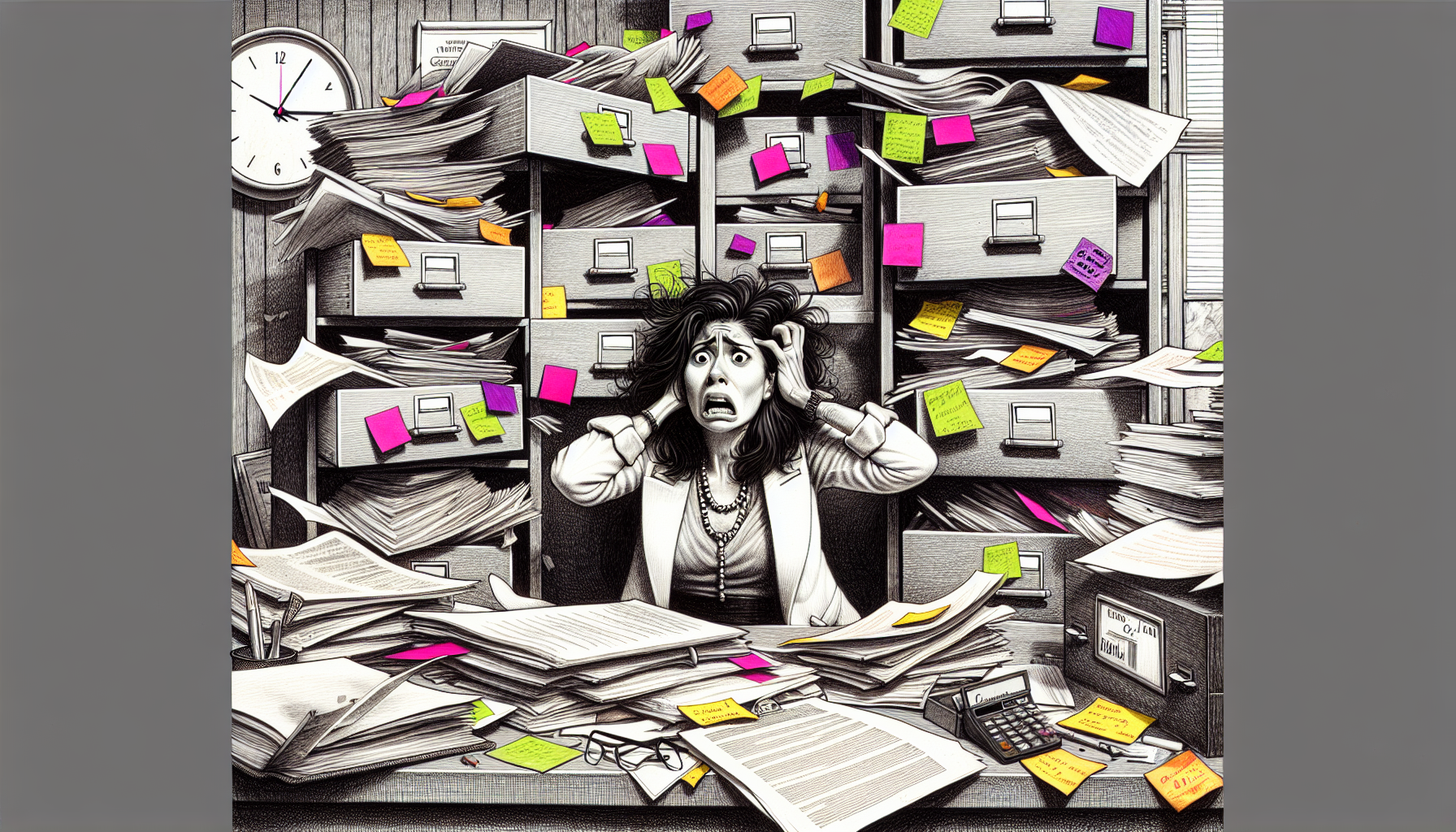 An illustration representing disorganized case management in a law office.