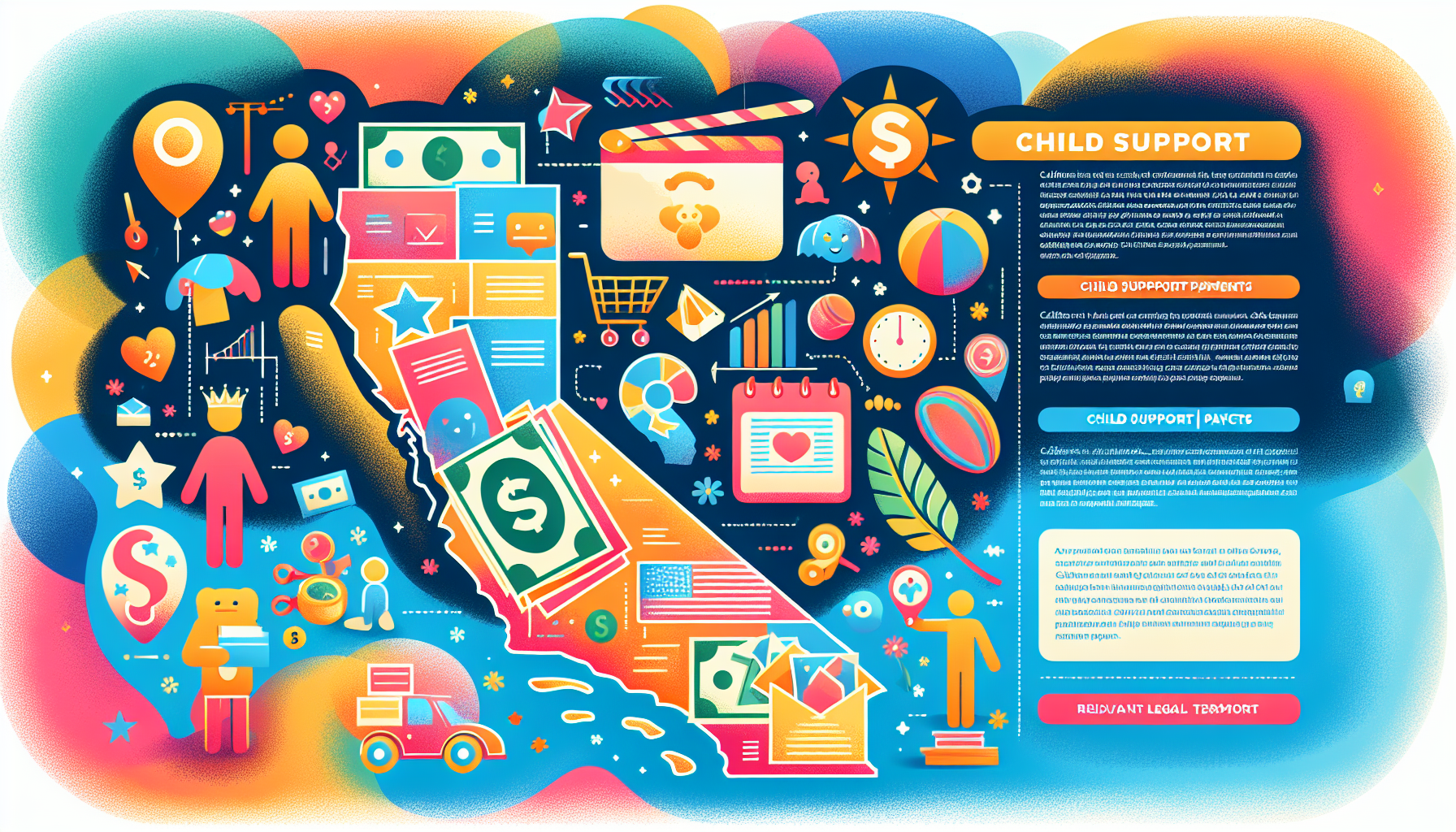 An illustration depicting key facts about child support in California.