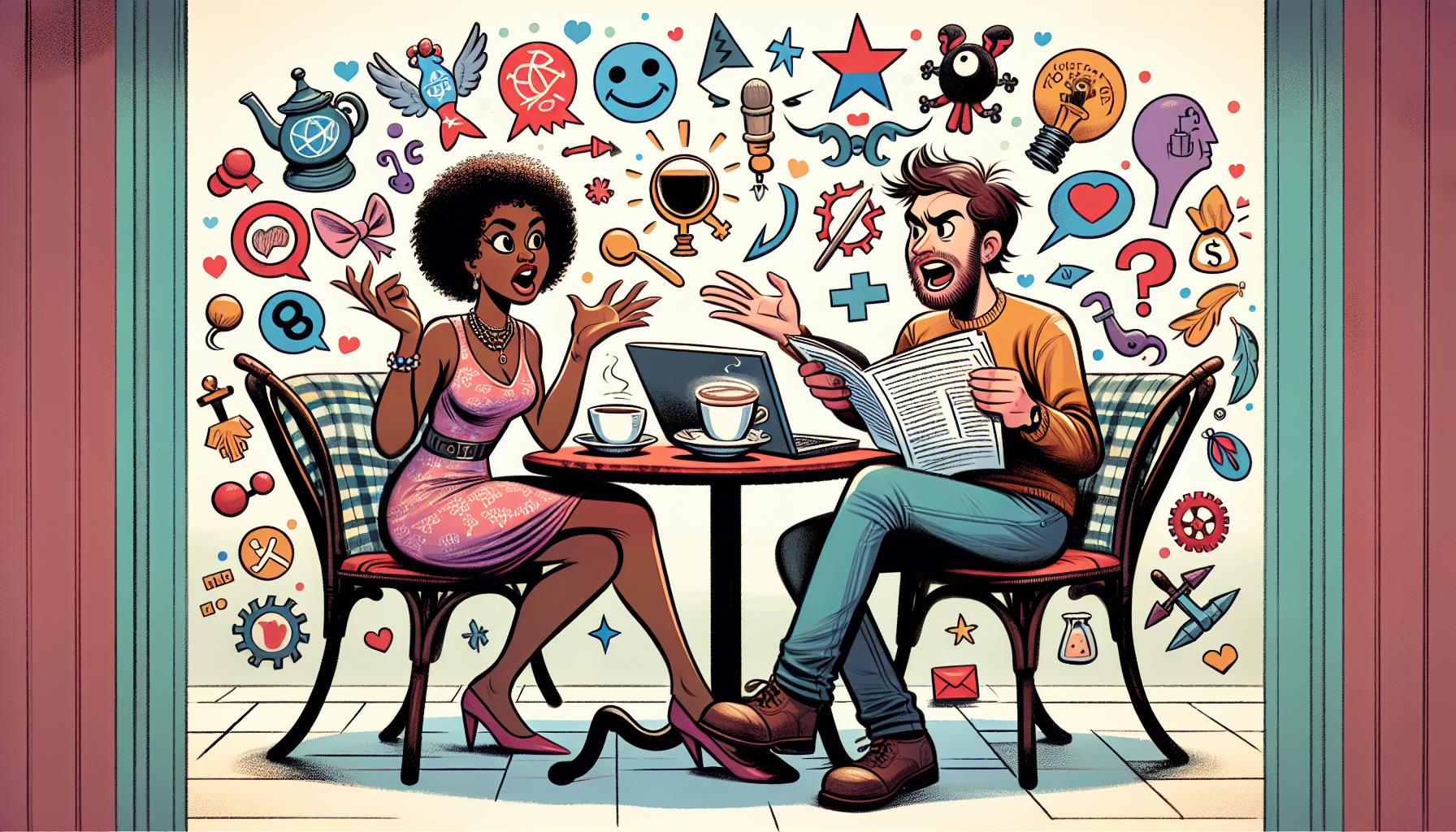 An illustration depicting couples discussing their differing political beliefs, showcasing the impact of political differences on marriage.