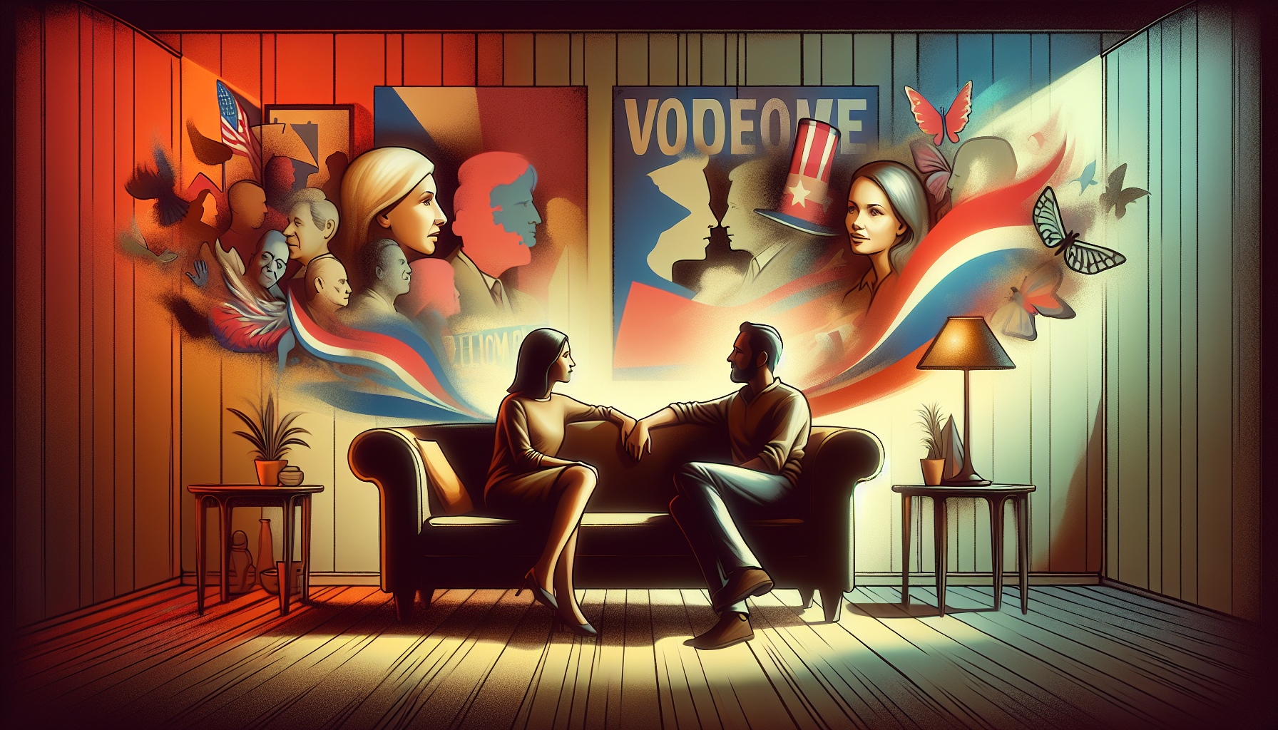 A cartoon showing a couple coping with changing political views, symbolizing the challenges faced in relationships.