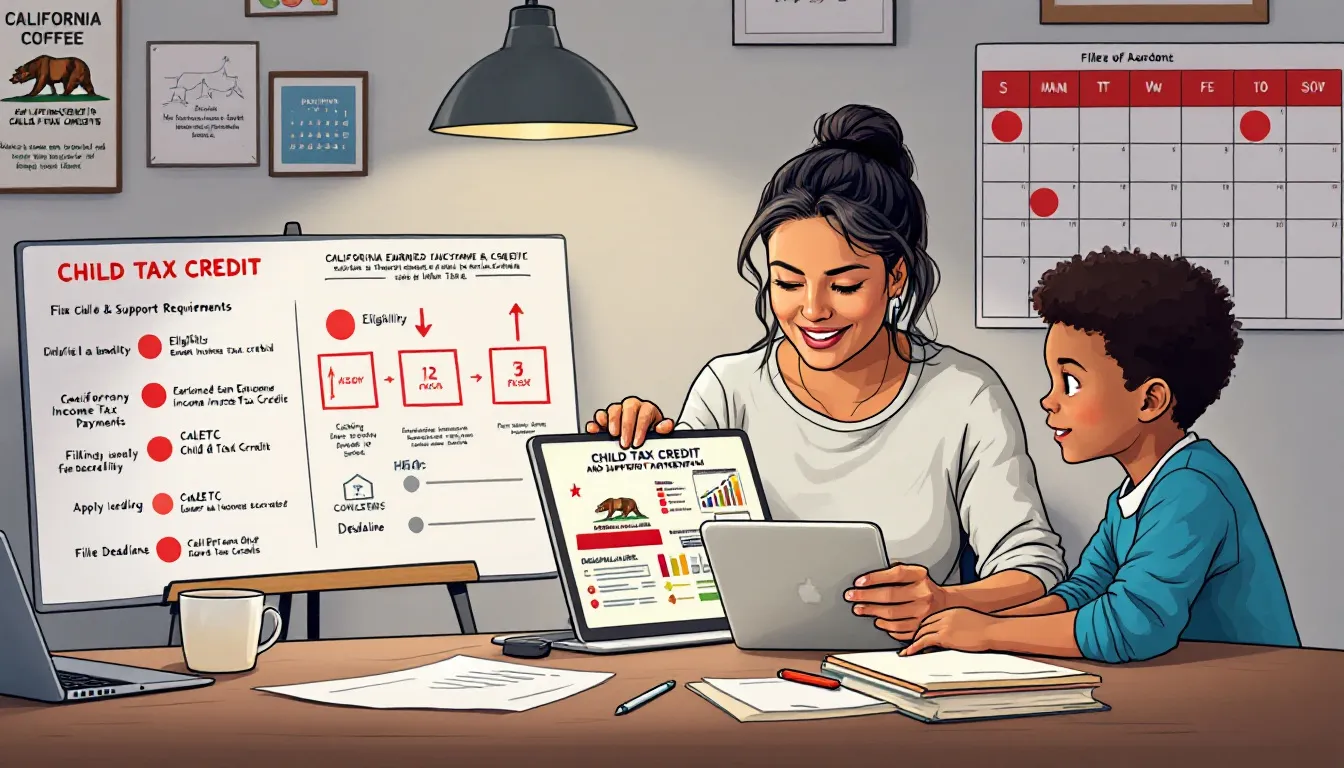 A parent with a child, discussing child tax credits and support payments.