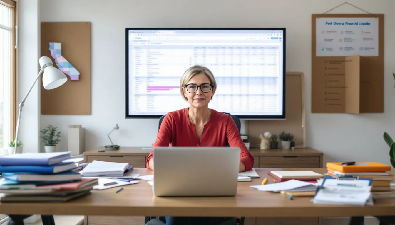 A person reviewing financial documents post-divorce, with a focus on updating financial records.