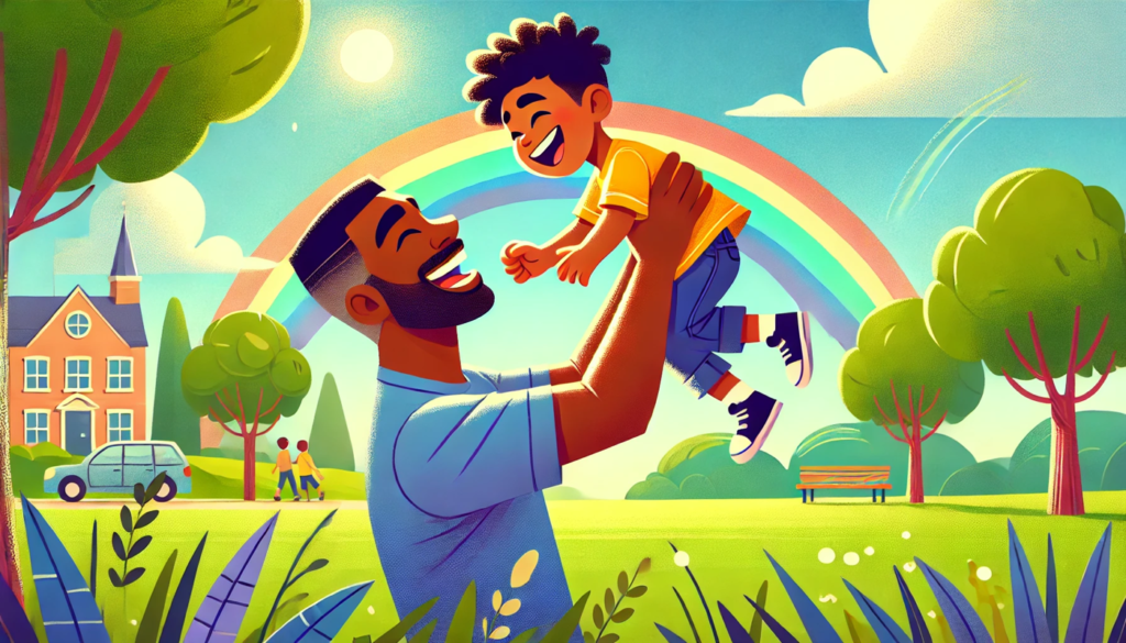 Cartoon of a Father playing with his child in a fun park