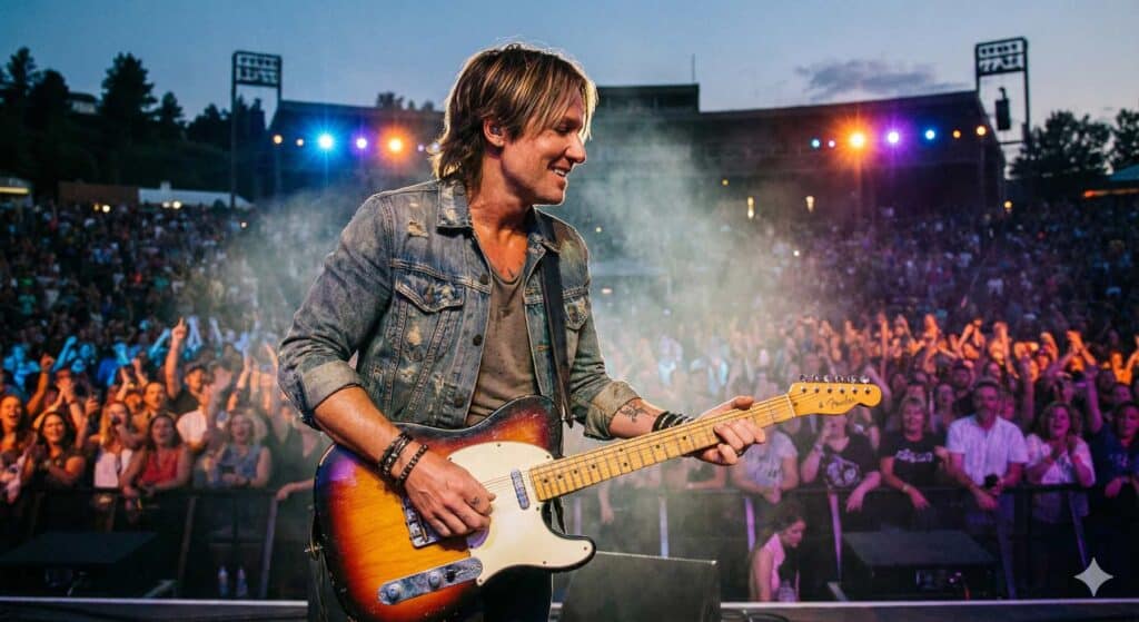 keith urban playing guitar at a concert