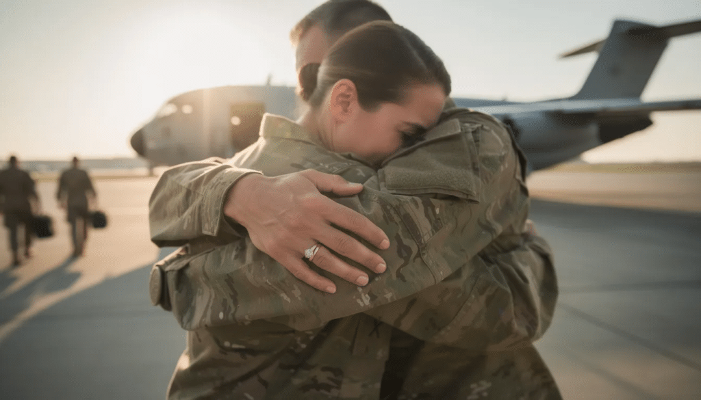 a military couple hugging