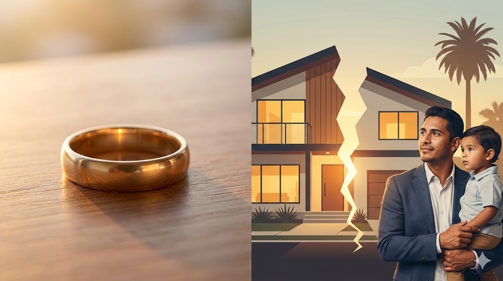 IMage of a wedding ring and a house being ripped in half, inferring divorce