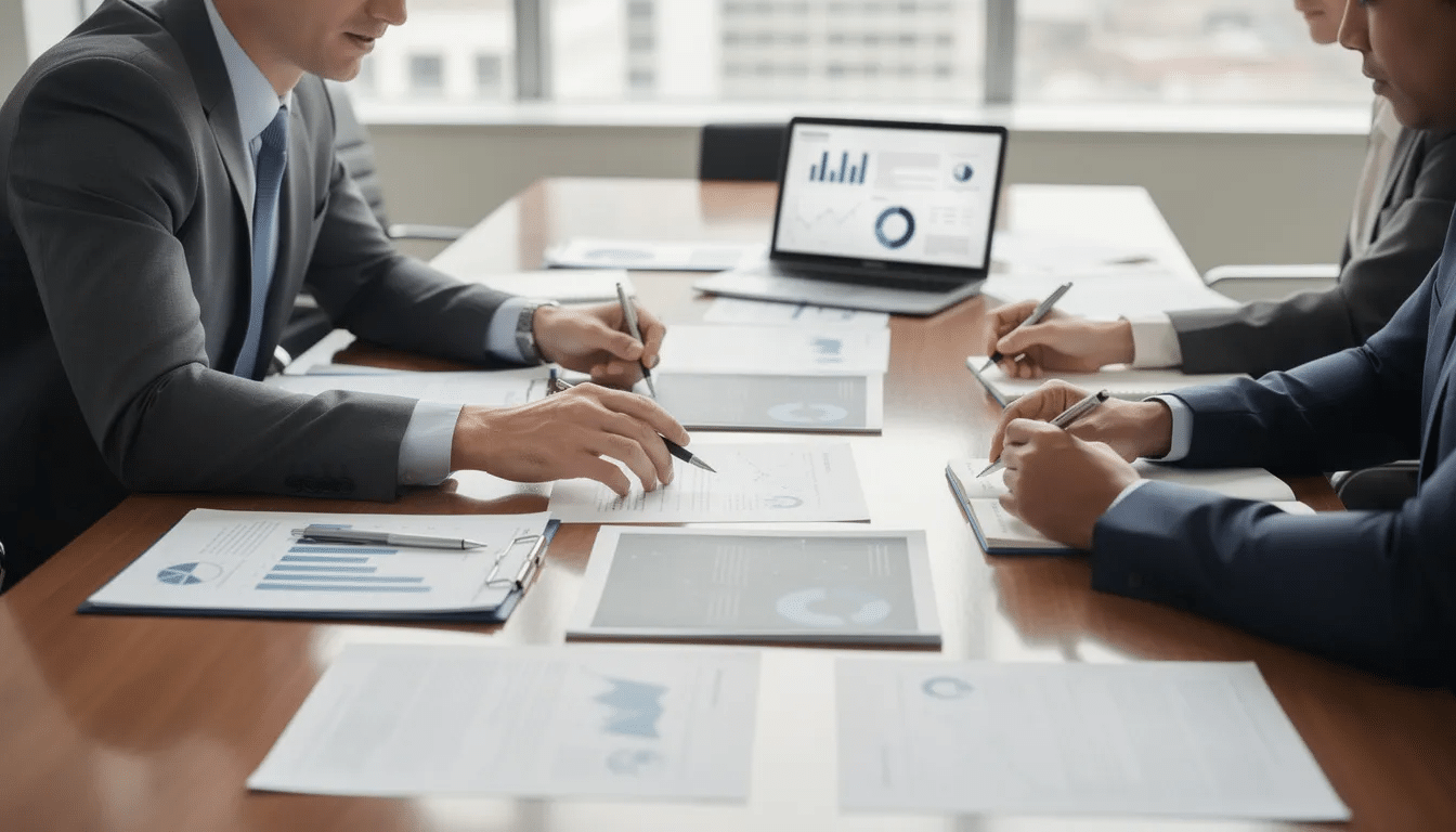 A professional consultation meeting is taking place with a couple discussing the division of their retirement assets, including documents related to their retirement accounts and a divorce decree on the table. The atmosphere suggests a focus on navigating complex issues like dividing retirement benefits and understanding how community property laws apply to their financial future.