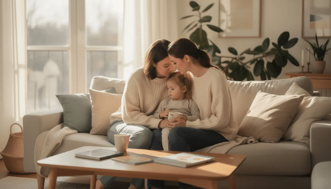 A parent sits calmly with their child in a cozy living room, fostering a stable environment that promotes the child's emotional well-being and safety. This nurturing scene emphasizes the importance of responsible parenting and the child's overall health and happiness in their daily life.