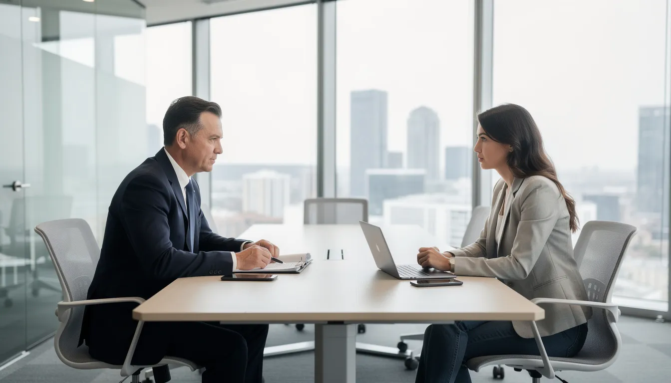 The image shows a professional attorney meeting with a client in a well-lit, modern office, discussing legal matters related to annulment in California. The attorney is providing legal representation and guidance on the annulment process, ensuring the client understands the legal grounds and necessary documents involved.