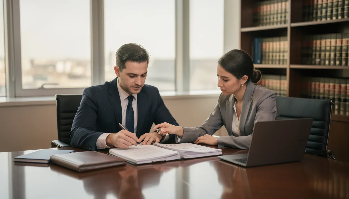 The image depicts a professional meeting between a family law attorney and a client, as they review important documents related to a divorce agreement. The attorney provides guidance on financial matters, such as mortgage payments and responsibilities regarding the joint mortgage, ensuring the client understands the implications for their credit scores and financial ties during the divorce process.