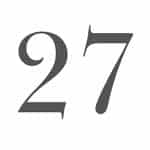 Stylized number 27 in a serif font divided with elegant curves.