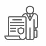 Icon of a person in a suit standing next to an open laptop with a certificate and seal, indicating a certificate or credential.