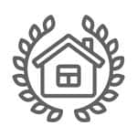 Logo showing a simple gray line-art house inside a circular laurel wreath (symbolic badge).