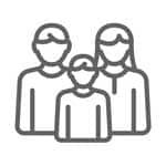 Family icon showing two adults standing behind a child in front, representing a family unit