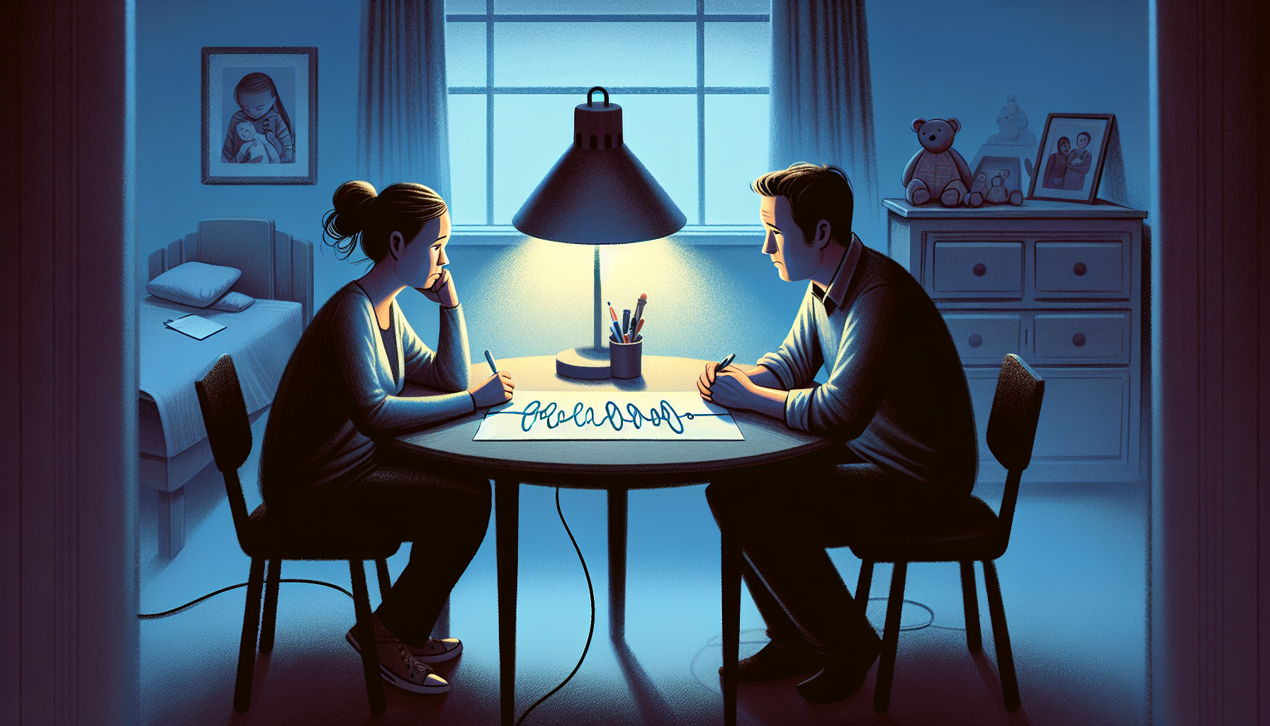 Illustration of parents discussing child custody arrangements