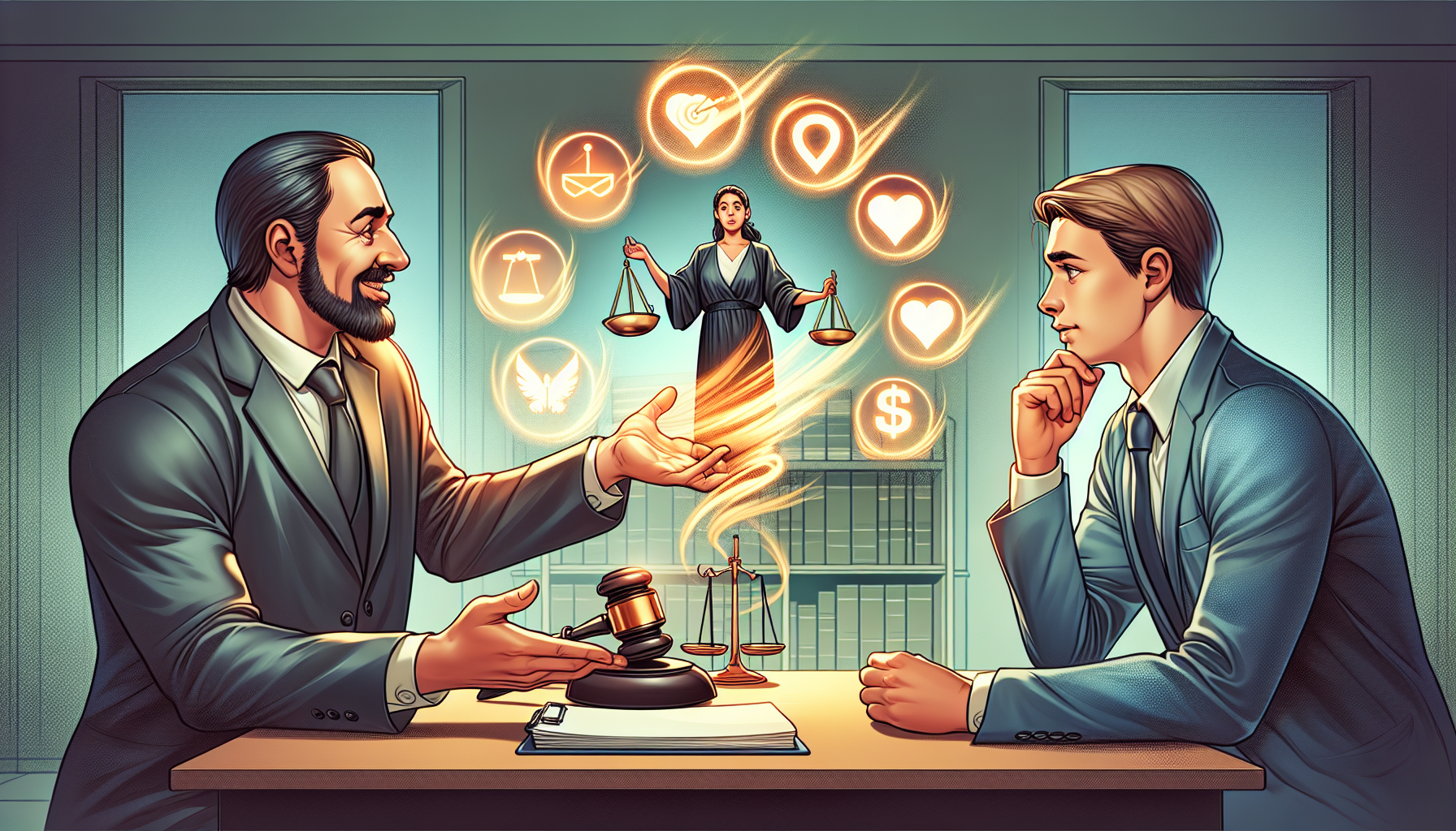Cartoon illustration of a lawyer and client discussing payment structures