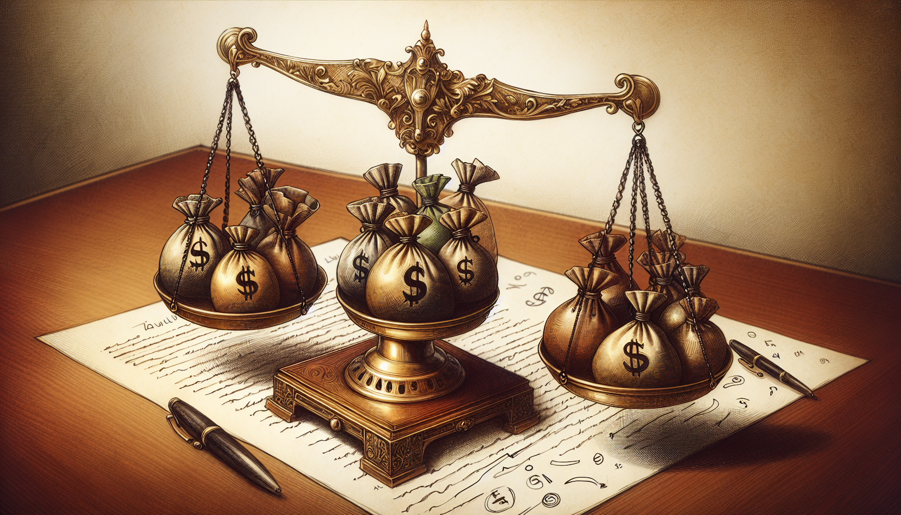 Illustration of a scale with money bags on one side representing attorney fees in divorce